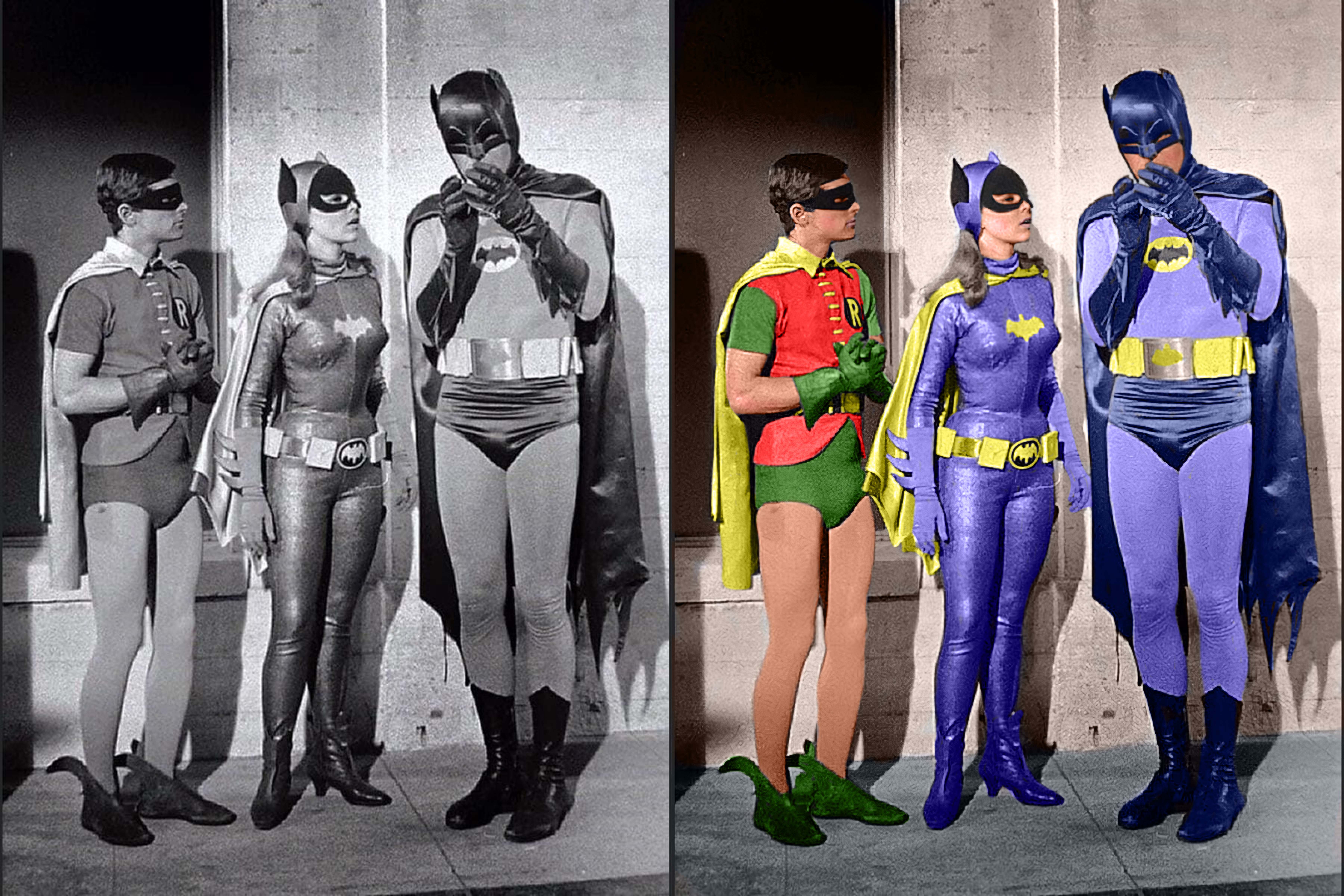 Original Batman series (1967) - Robin (Burt Ward), Batgirl (Yvonne Craig),  Batman (Adam West) : r/Colorization